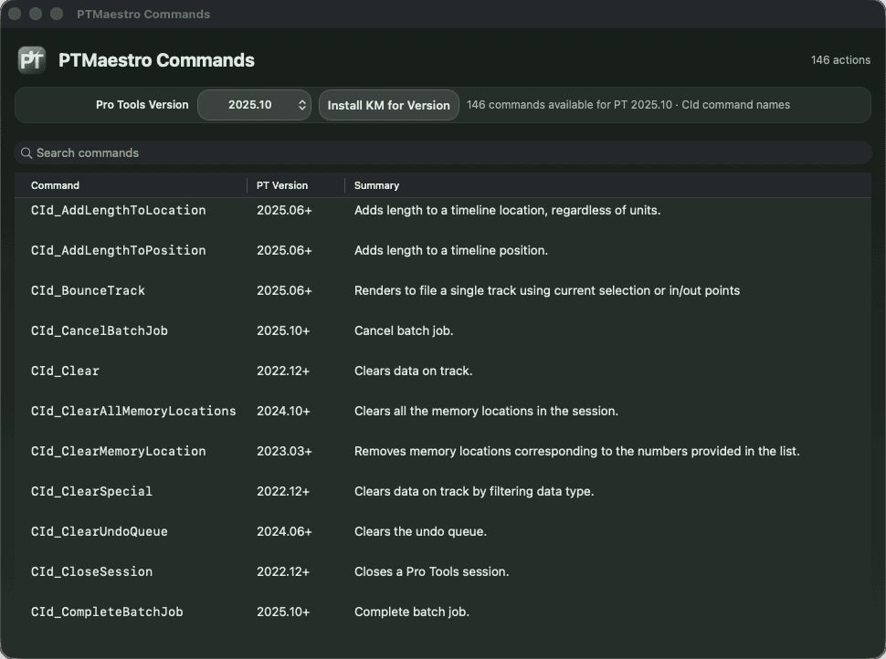 PTMaestro Commands window listing supported Pro Tools SDK commands and summaries