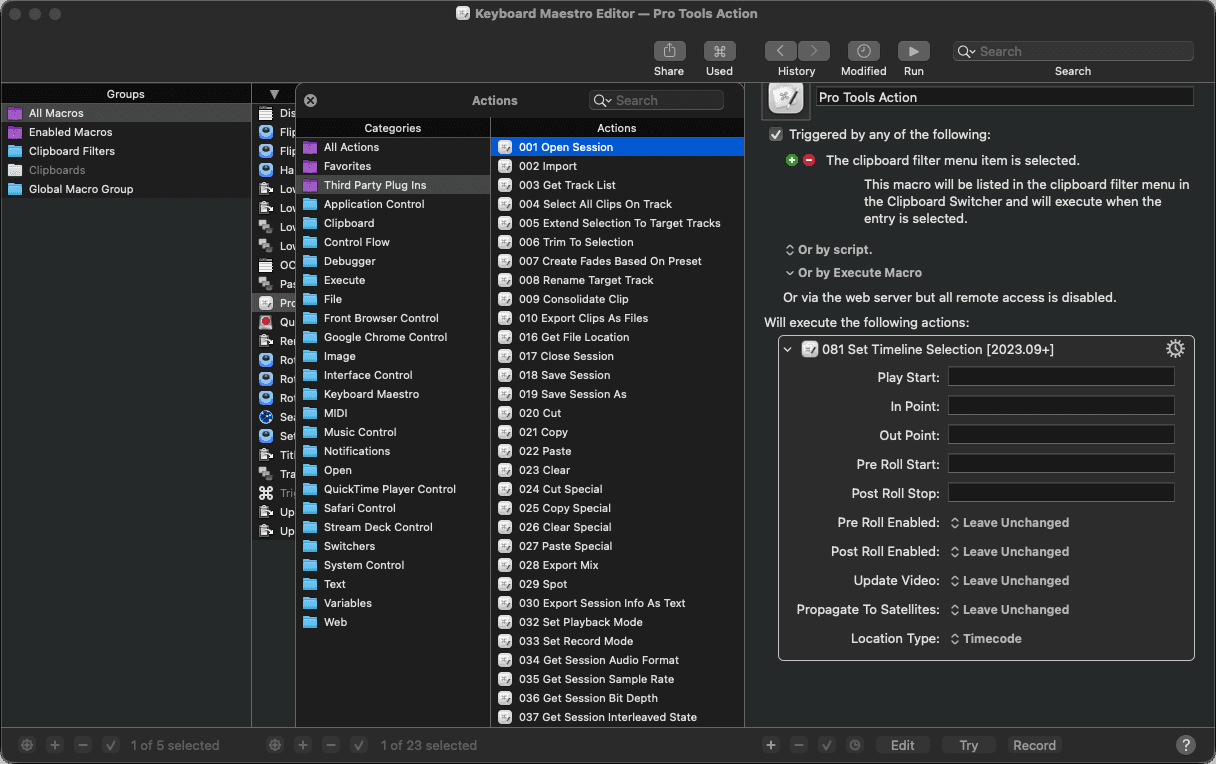 Keyboard Maestro editor showing the PTMaestro Pro Tools actions list and an action configured in a macro