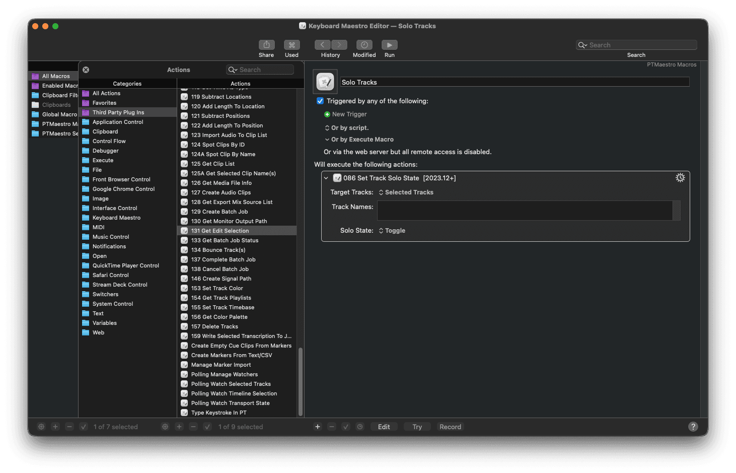 Keyboard Maestro showing PTMaestro actions and a Solo Tracks macro