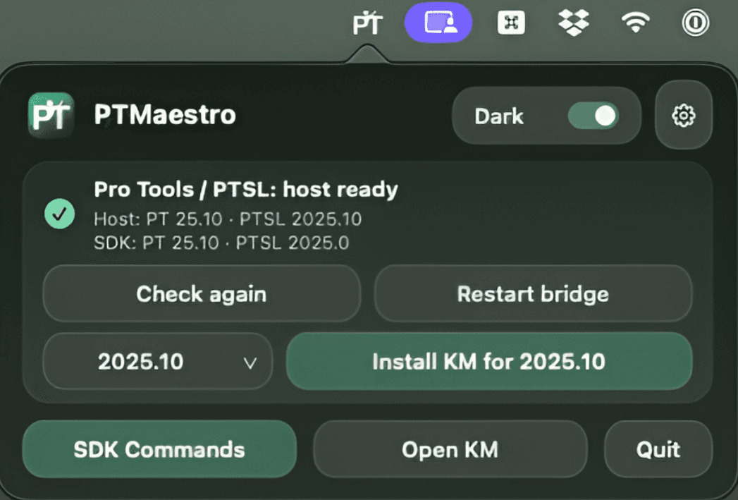 PTMaestro menu bar status window showing the Pro Tools bridge ready state