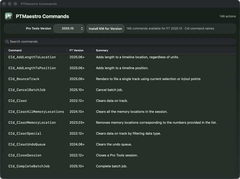 PTMaestro Commands window listing supported Pro Tools SDK commands and summaries