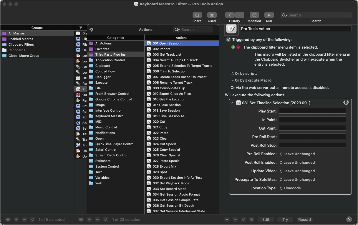 Keyboard Maestro editor showing the PTMaestro Pro Tools actions list and an action configured in a macro