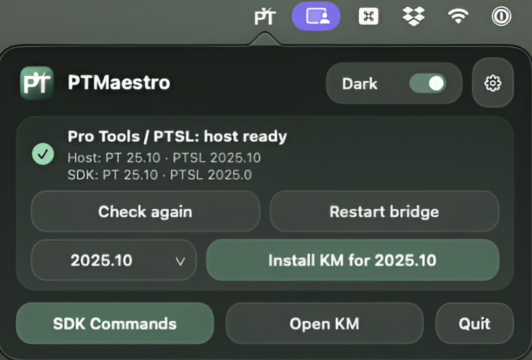 PTMaestro menu bar status window showing the Pro Tools bridge ready state